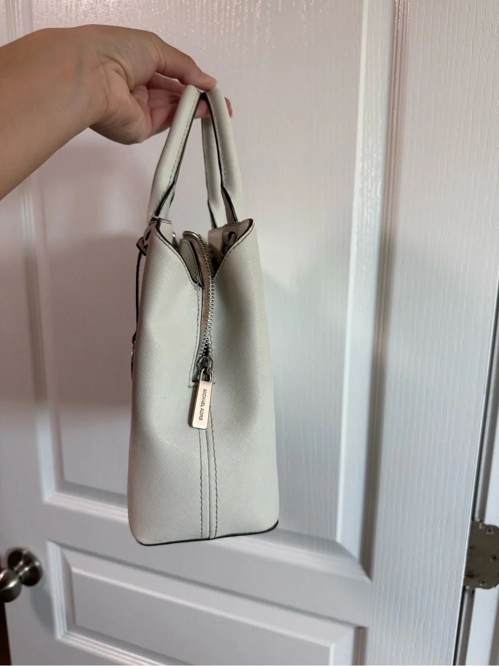 Michael Kors Cream/White Saffiano Leather Satchel with Logo Charm
